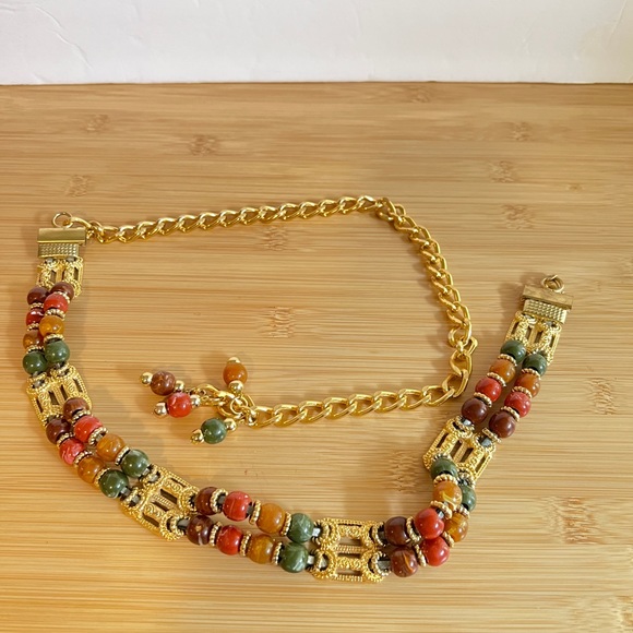 Vintage NWT glass ,gold bead links with leather belt made in Taiwan - Picture 1 of 6